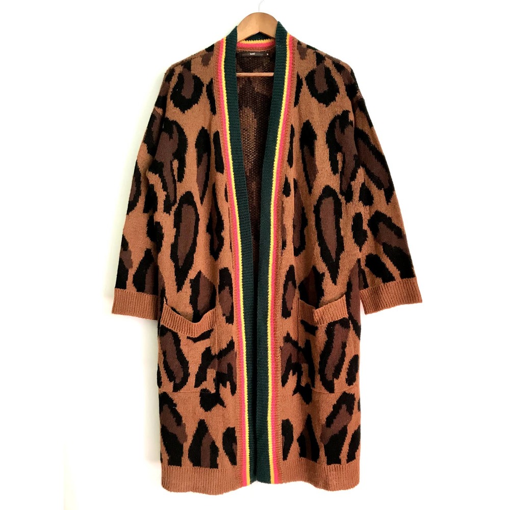 Azel Hazel Haze Leopard Print Long Cardigan Sweater Sz M Pockets Rainbow Trim
